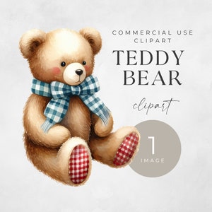 Teddy Bear Watercolor Clipart, SINGLE IMAGE, For Commercial Use, Transparent PNGs, Baby Shower, Digital Download, Nursery Wall Art