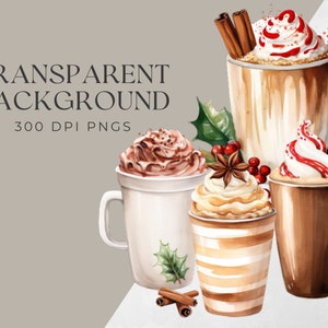 May include: Four watercolor illustrations of different types of hot chocolate drinks with whipped cream and toppings. The drinks are in mugs and cups with a red, green, and brown holly sprig and berries.