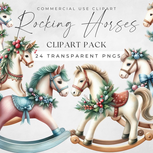 Rocking Horse Clipart, New Baby Clip Art, Festive Horses Pngs, Vintage Toy Horse Christmas Bundle, For Commercial Use, Baby Shower Graphics