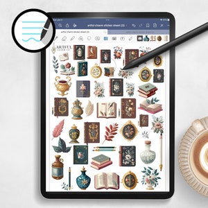 以下が含まれることがあります： デジタルタブレットの画面に、さまざまなイラストが描かれたステッカーシートが表示されています。シートは、本、花瓶、花、羽根などの画像で、幻想的でヴィンテージな雰囲気です。画面の上部には「artful charm sticker sheet (2)」というテキストが表示されています。