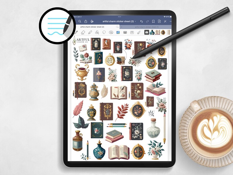 以下が含まれることがあります： デジタルタブレットの画面に、さまざまなイラストが描かれたステッカーシートが表示されています。シートは、本、花瓶、花、羽根などの画像で、幻想的でヴィンテージな雰囲気です。画面の上部には「artful charm sticker sheet (2)」というテキストが表示されています。