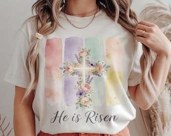 Watercolor Floral Cross PNG | Pastel Christian Easter Sublimation, He is Risen Faith PNG for Shirts