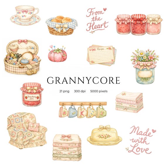 Grannycore Clipart Set, Cottagecore Kitchen PNG, Vintage Baking & Sewing Clipart, Jam Jars, Teacups, Floral Kitchen Art