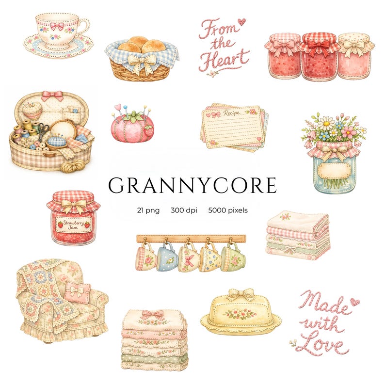 May include: A collection of watercolor illustrations featuring a teacup, jam jars, a sewing kit, and a floral armchair. The image includes text that reads "From the Heart", "Strawberry Jam", and "Made with Love". The theme is Grannycore.