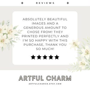 May include: A light gray graphic with the word "REVIEWS" at the top. A customer review is in a white rounded rectangle, with five black stars below. The shop name "ARTFUL CHARM" is at the bottom, with the Etsy shop URL.