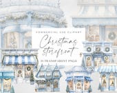 Watercolor Christmas Storefront Clipart: Snowy Blue Vintage Shops (PNG)