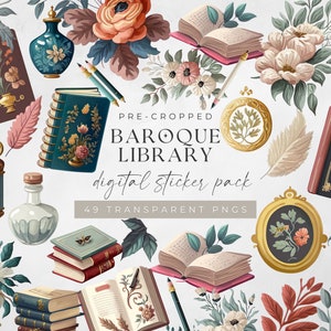 Bookish Digital Sticker, PNG Files of Digital Stickers, Baroque Library PNG Reading Digital Stickers, Goodnotes & iPad Stickers, Book Lovers