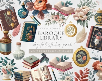 Bookish Digital Sticker, PNG Files of Digital Stickers, Baroque Library PNG Reading Digital Stickers, Goodnotes & iPad Stickers, Book Lovers