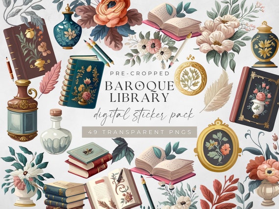 Bookish Digital Sticker, PNG Files of Digital Stickers, Baroque Library PNG Reading Digital Stickers, Goodnotes & iPad Stickers, Book Lovers