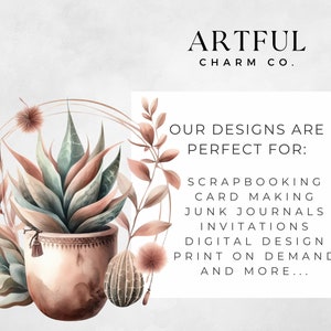 May include: A watercolour illustration of a succulent plant in a terracotta pot, surrounded by dried flowers. The image includes the text "ARTFUL CHARM CO." and a list of design applications.