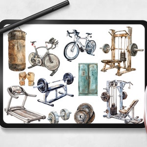 May include: A digital illustration of various gym equipment, including a stationary bike, a treadmill, a weight bench, a weight machine, a punching bag, and a locker. The illustration is done in a watercolor style.