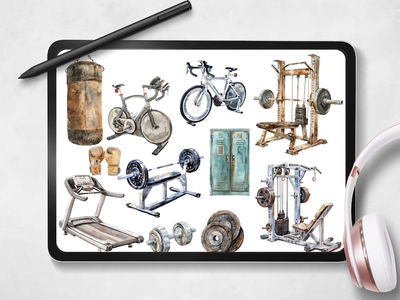 May include: A digital illustration of various gym equipment, including a stationary bike, a treadmill, a weight bench, a weight machine, a punching bag, and a locker. The illustration is done in a watercolor style.