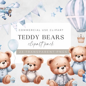 Watercolor Teddy Bear Clipart for Boy, Baby Shower Clip Art, Nursery Art, Bear Transparent PNG Bundle, Little Cute Bears, For Commercial Use