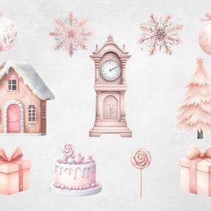 May include: A set of pink and white Christmas themed illustrations including a gingerbread house, a clock, a Christmas tree, a snowflake, a gift, a cake, a lollipop, and an ornament.