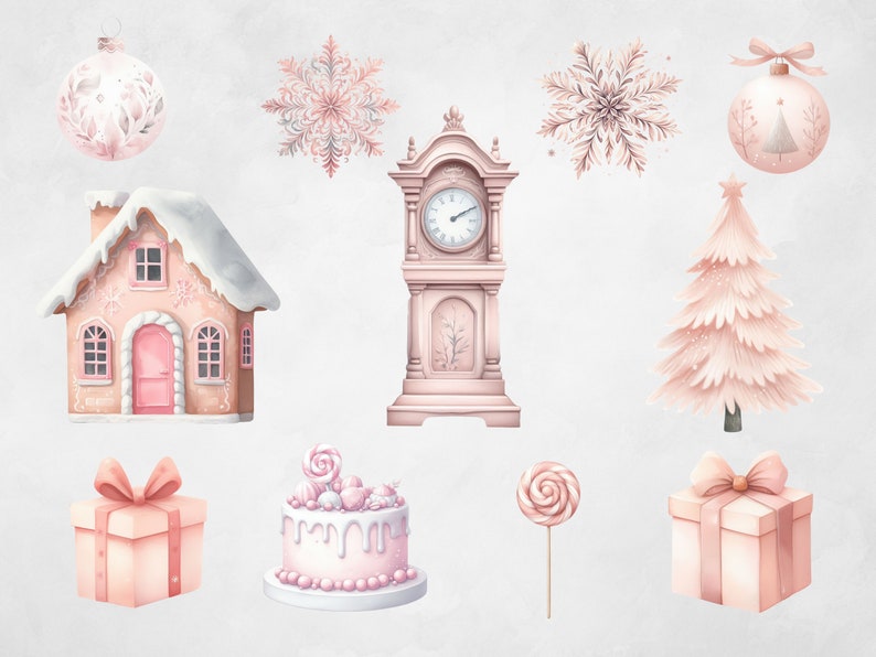 May include: A set of pink and white Christmas themed illustrations including a gingerbread house, a clock, a Christmas tree, a snowflake, a gift, a cake, a lollipop, and an ornament.