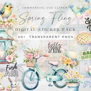 Stickers numériques animaux du jardin printanier, fichiers PNG prérecadrés, aquarelle de fleurs, motifs floraux, feuille d'autocollants pour agenda Goodnotes, joyeux