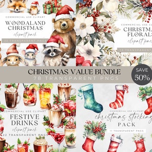 Clipart de pacote de Natal PNG, clipart de bebidas de Natal em aquarela, clipart de animais da floresta, buquês florais aconchegantes, meias festivas de férias