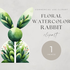 Rabbit Watercolor Clipart, SINGLE IMAGE, For Commercial Use, Transparent PNG, Digital Download, Abstract Green Floral Lovely Bunny, Wall Art