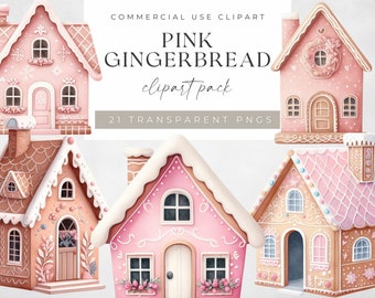Watercolor Gingerbread House Clipart: Pink Christmas Cookies (PNG Digital Download)