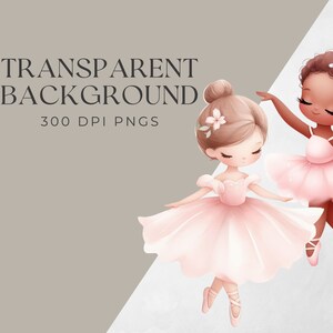 May include: Two young girls dressed as ballerinas, one with brown skin and one with fair skin, are wearing pink tutus and pink ballet shoes. They are both smiling and have flowers in their hair. The background is a light gray color.