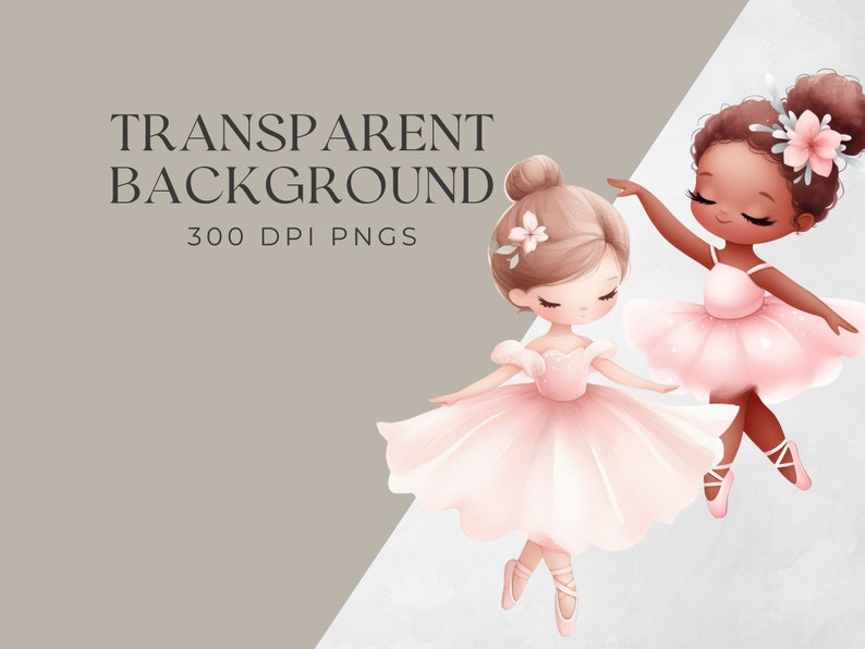 May include: Two young girls dressed as ballerinas, one with brown skin and one with fair skin, are wearing pink tutus and pink ballet shoes. They are both smiling and have flowers in their hair. The background is a light gray color.