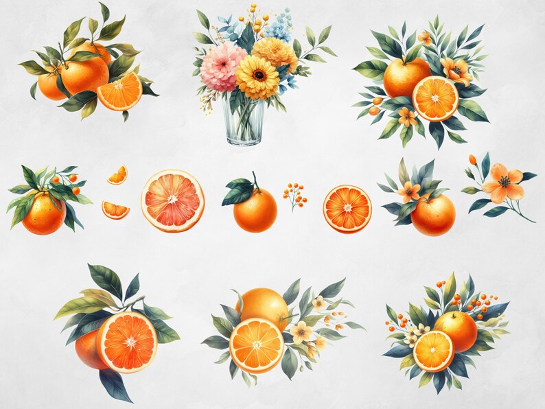 May include: Watercolour illustrations of oranges and orange slices with green leaves and yellow flowers. The oranges are arranged in various compositions, including a bouquet of flowers in a vase.