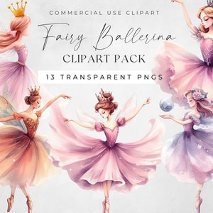 May include: A set of 13 digital clipart images featuring fairy ballerinas with wings and crowns. The fairies are wearing pink, purple, and peach tutus and have long flowing hair. The images are perfect for creating invitations, cards, and other crafts.