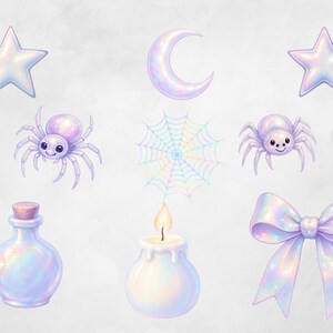 May include: A set of iridescent illustrations featuring a star, a crescent moon, two spiders, a spiderweb, a potion bottle, a candle, and a bow. The colour palette uses soft pastels and a pearlescent sheen, creating a magical aesthetic. The illustrations are all in a similar style.