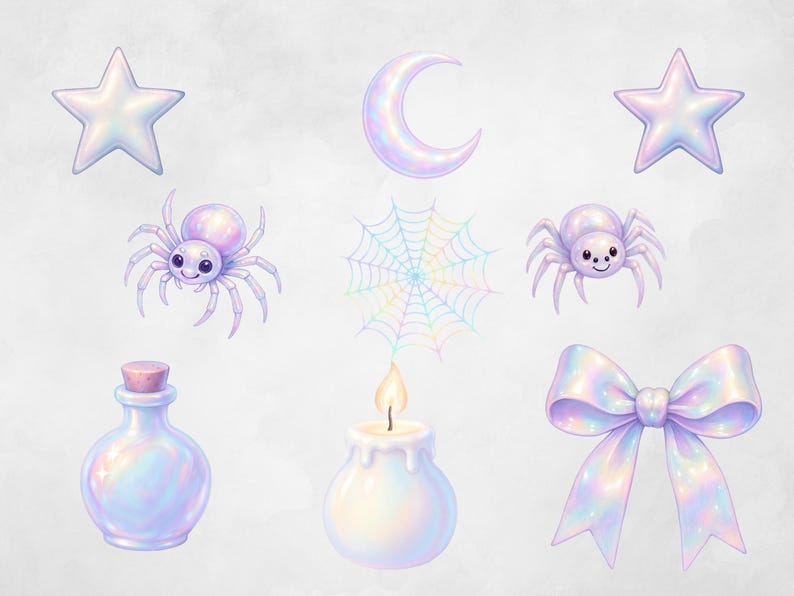 May include: A set of iridescent illustrations featuring a star, a crescent moon, two spiders, a spiderweb, a potion bottle, a candle, and a bow. The colour palette uses soft pastels and a pearlescent sheen, creating a magical aesthetic. The illustrations are all in a similar style.