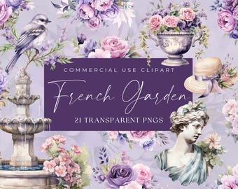French Garden Clipart, Vintage Botanical Watercolor Designs, Digital Download for Weddings, Floral Art Prints