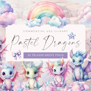 Baby Dragons Clipart Bundle, Watercolor Baby Shower Art, Cute Nursery Decor, Digital Download PNG Graphics