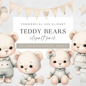 Watercolor Teddy Bear Clipart for Boy, Baby Shower Clip Art, Nursery Art, PNG Bundle, Little Cute Neutral Bears, For Commercial Use