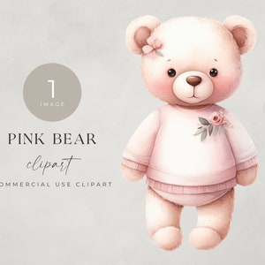 Pink Bear Watercolor Clipart, SINGLE IMAGE, For Commercial Use, Transparent PNGs, Baby Shower, Digital Download, Cute Nursery Wall Art