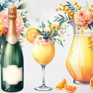 May include: A watercolour illustration of a mimosa, a bottle of champagne, and a jug of orange juice. The mimosa is garnished with blueberries and orange slices. The illustration is surrounded by yellow flowers and green leaves.