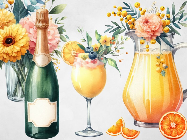 May include: A watercolour illustration of a mimosa, a bottle of champagne, and a jug of orange juice. The mimosa is garnished with blueberries and orange slices. The illustration is surrounded by yellow flowers and green leaves.