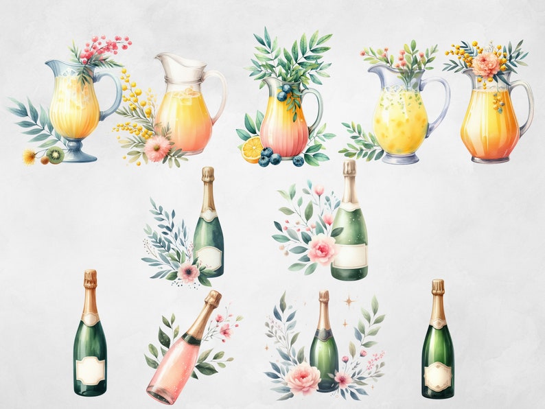 May include: Watercolour illustrations of floral arrangements with jugs of lemonade and champagne bottles. The jugs are filled with yellow and orange lemonade and the champagne bottles are green and pink.