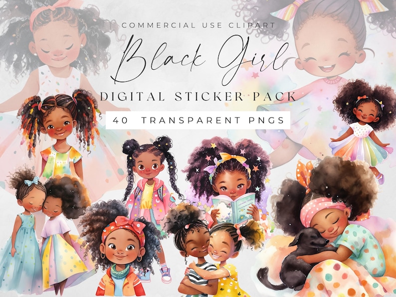 Black Cute Little Girl Digital Sticker Set, Pre-cropped PNG Files, Cute ...