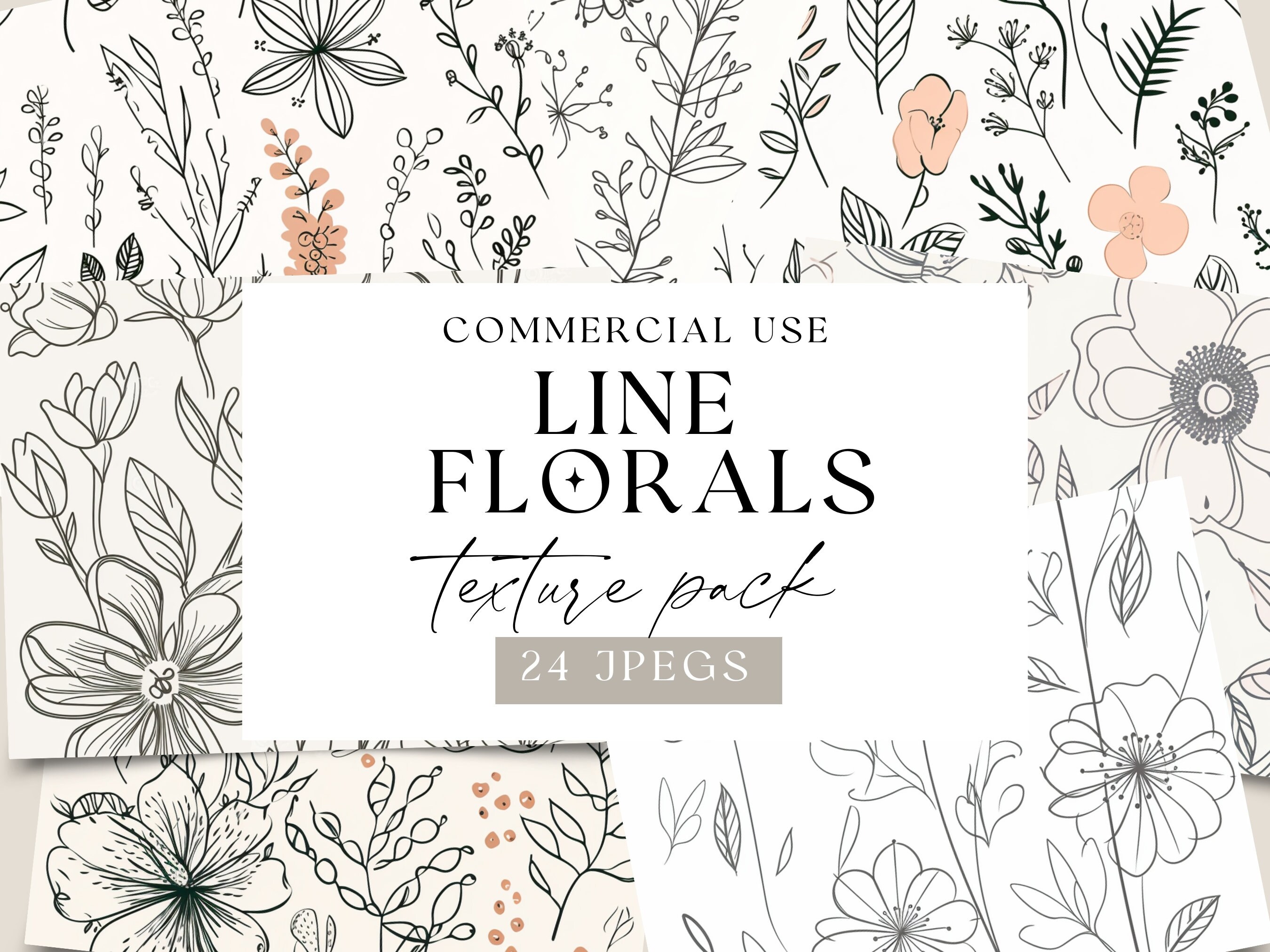 Line Floral Digital Papers, Neutral Backgrounds, Digital Paper Pack, Printable Scrapbook Paper, Flower Collage Sheets, Junk Journal
