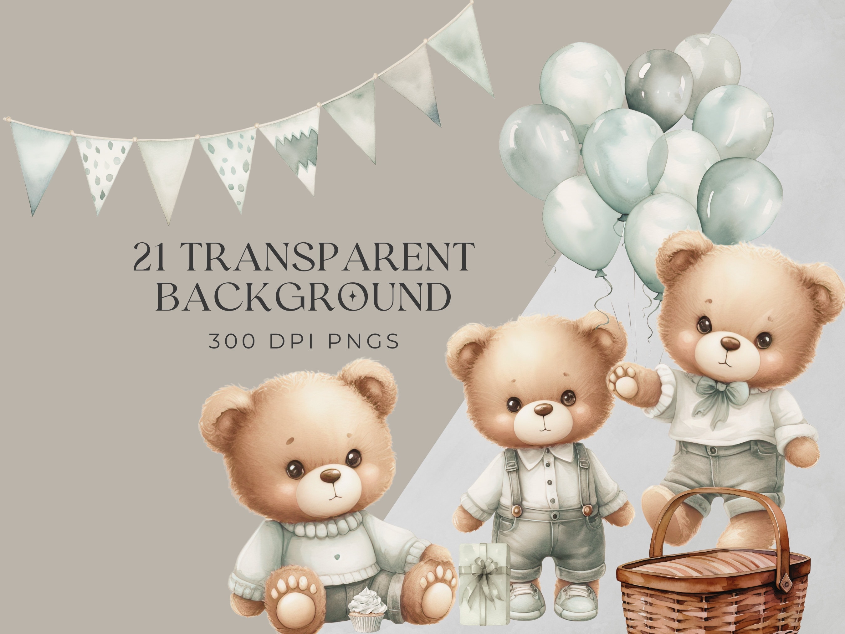 Watercolor Teddy Bear Clipart for Boy, Baby Shower Clip Art, Nursery ...