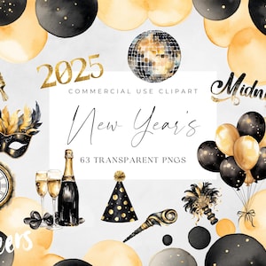 Feliz año nuevo clipart negro y dorado 2025, gráficos de celebración festiva, descarga digital de acuarela para proyectos creativos, decoración de fiesta PNG