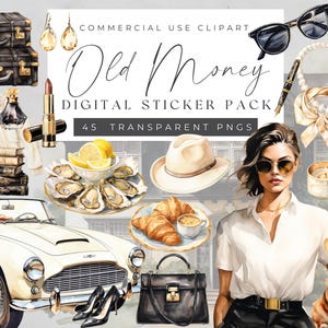 Adesivos de planejador digital estético Old Money, arquivos PNG pré-cortados, conjunto de adesivos de moda de luxo silencioso em aquarela, folha Goodnotes
