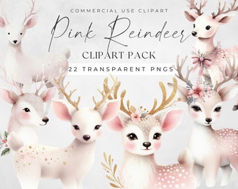 Watercolor Christmas Reindeer Clipart: Pink & Gold Winter Deer (PNGs)