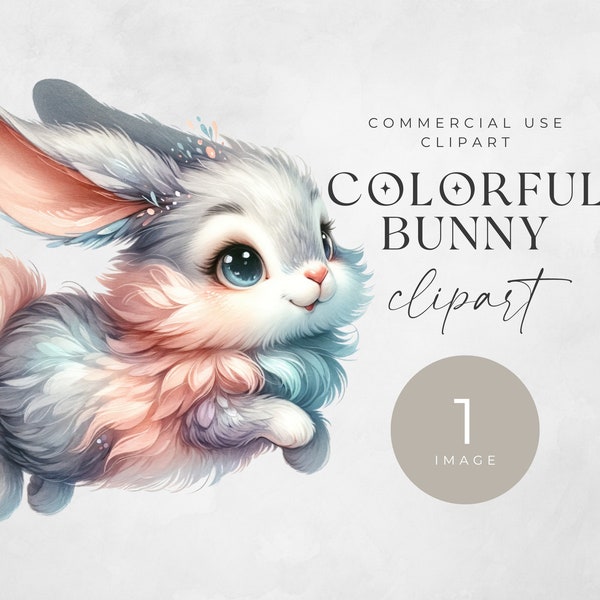 Easter Bunny Watercolor Clipart, SINGLE IMAGE, Adorable Fluffy Rabbit PNG, Junk Journals, Digital Paper Craft, Colorful Spring Clip Art