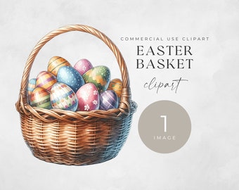 Clipart of Cute Easter Basket, SINGLE IMAGE, Classic Vintage Basket PNG, Junk Journals, Cute Watercolor Easter Spring Clip Art, Easter Eggs