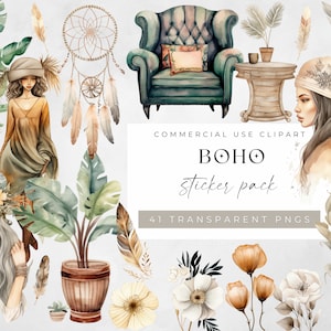 Pacchetto adesivi Boho digitale, file PNG di adesivi digitali, adesivi Boho per pianificatori digitali, adesivi estetici carini, Goodnotes e Notable