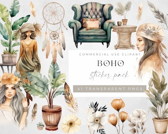 Boho Sticker Pack Digital, PNG Files of Digital Stickers, Digital Planner Boho Stickers, Cute Aesthetic Stickers, Goodnotes & Notable