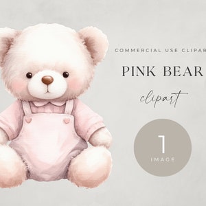 Clipart de acuarela de oso rosa, IMAGEN ÚNICA, para uso comercial, PNG transparentes, baby shower, descarga digital, arte lindo de la pared de la guardería
