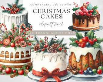Watercolor Christmas Cake Clipart: Transparent PNG Digital Art