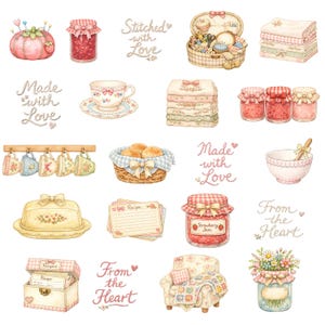 May include: A collection of watercolor illustrations featuring various items. Includes a pincushion, jars of jam, a sewing kit, stacks of fabric, a teacup, a basket of rolls, a bowl, a butter dish, recipe cards, a jar of strawberry jam, a small armchair, and a vase of flowers. Text includes "Stitched with Love", "Made with Love", "From the Heart", and "Recipes".