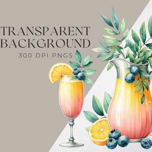 May include: A watercolour illustration of a jug and a glass filled with a pink and yellow layered drink. The jug and glass are decorated with blueberries and green leaves. The background is a light grey colour.